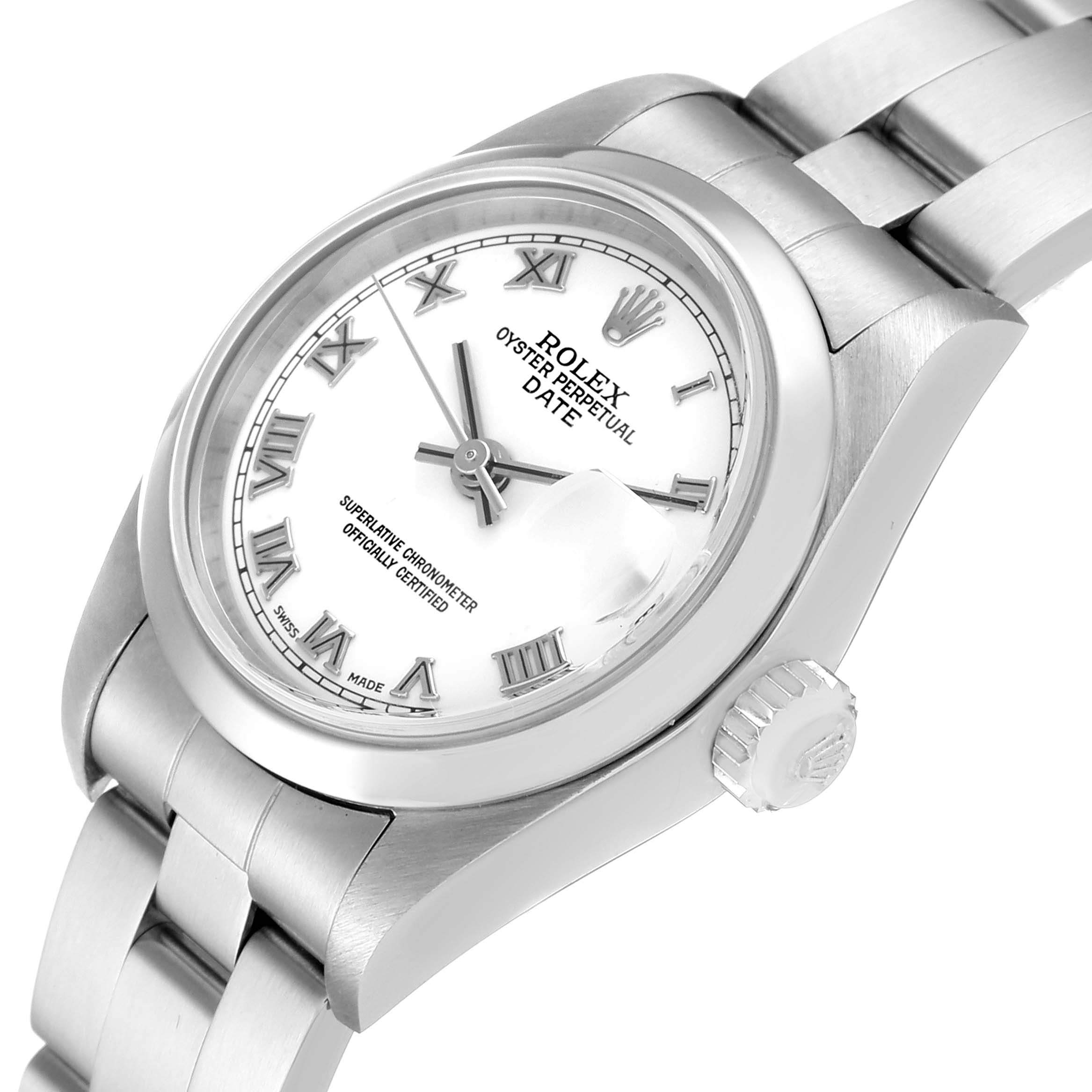 The image shows a Rolex Date 79160 Women's Stainless Steel White Dial 79160 Women's Stainless Steel White Dial model watch at a slight angle, highlighting the dial, bracelet, crown, and bezel.