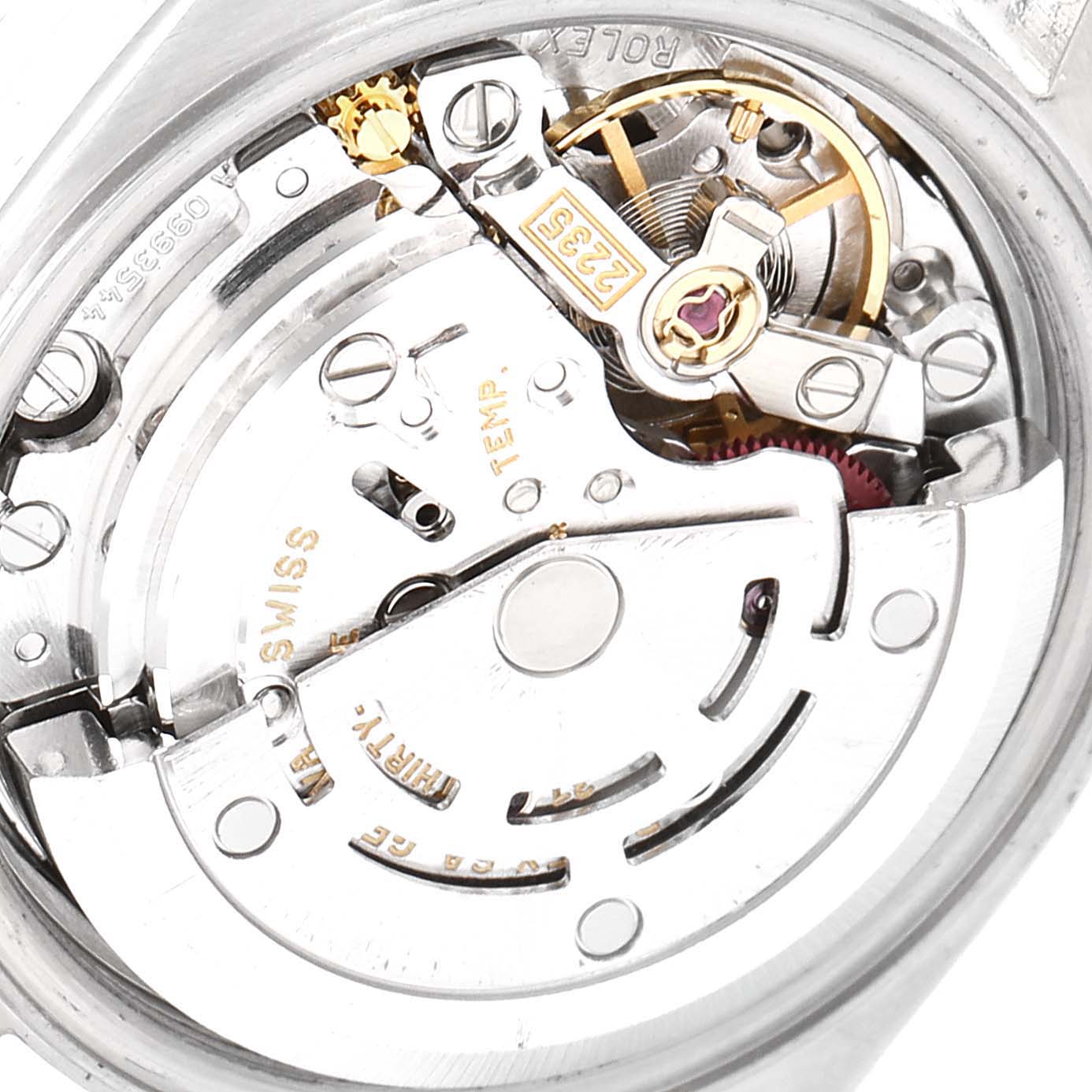 The image shows the inner mechanical movement of the Rolex Date 79160 Women's Stainless Steel White Dial 79160 Women's Stainless Steel White Dial model watch from a rear angle.