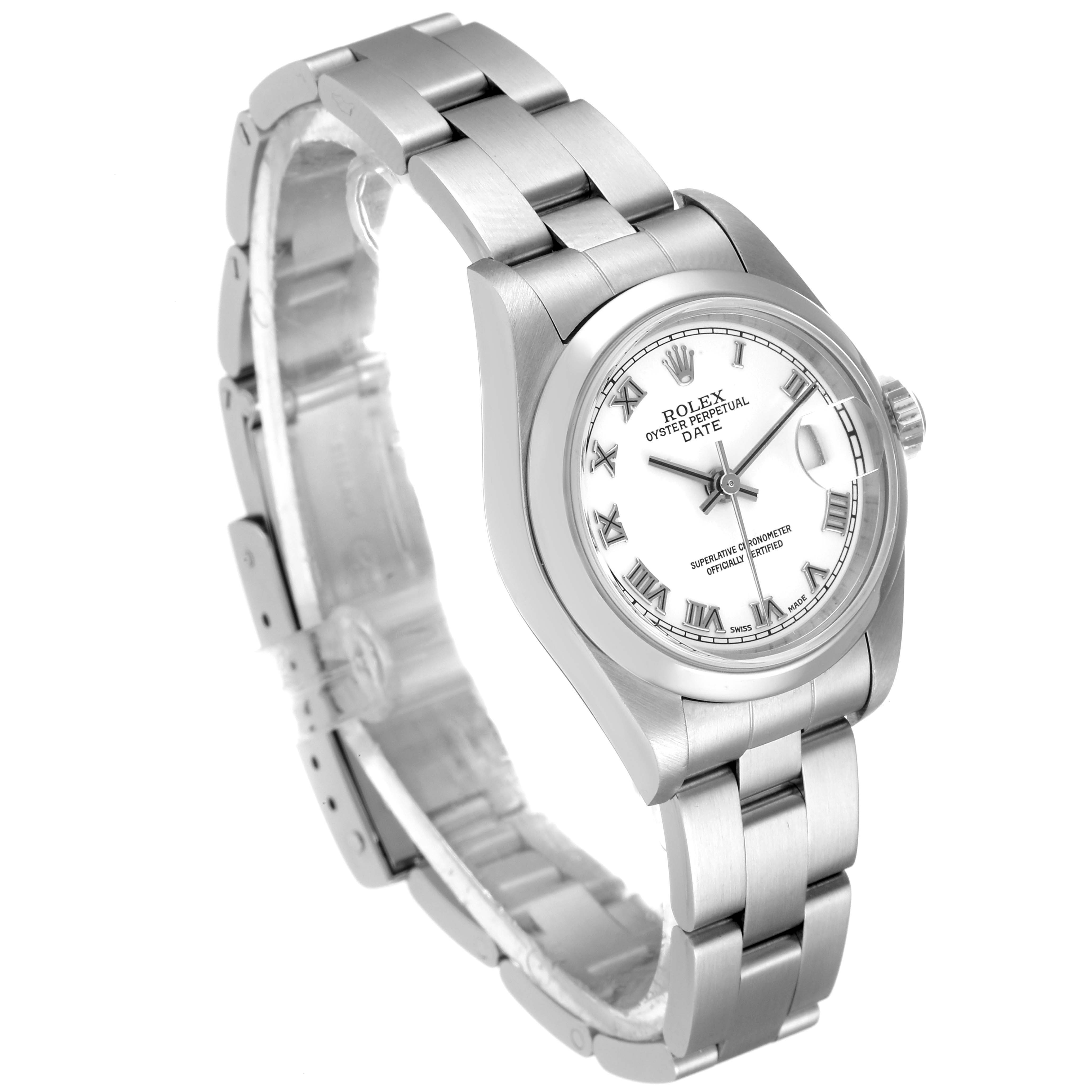 The image shows a Rolex Date 79160 Women's Stainless Steel White Dial 79160 Women's Stainless Steel White Dial model watch at an angle, highlighting the watch face, bezel, crown, and band.