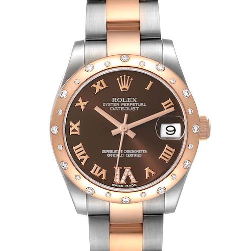 This Rolex Mid-Size 178341 Women's Steel and Gold (two tone) Brown Dial 178341 Women's Steel and Gold (two tone) Brown Dial Oyster Perpetual Datejust is shown from a front angle, displaying the watch face, bezel, and bracelet.