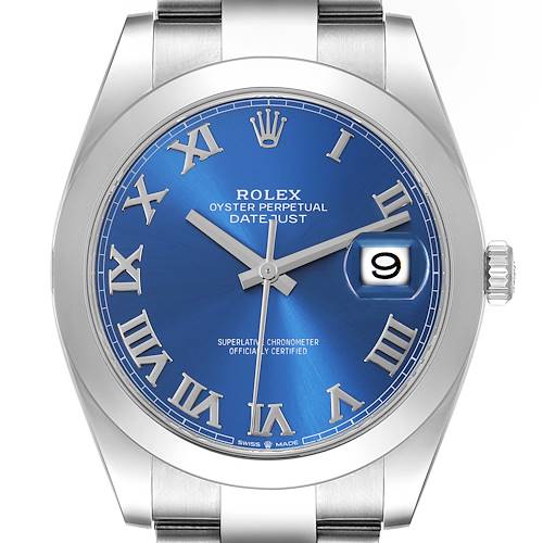 The Rolex Datejust 41 126300 Men's Stainless Steel Blue Dial 126300 Men's Stainless Steel Blue Dial watch is shown from the front, highlighting the blue dial, Roman numerals, and date window.