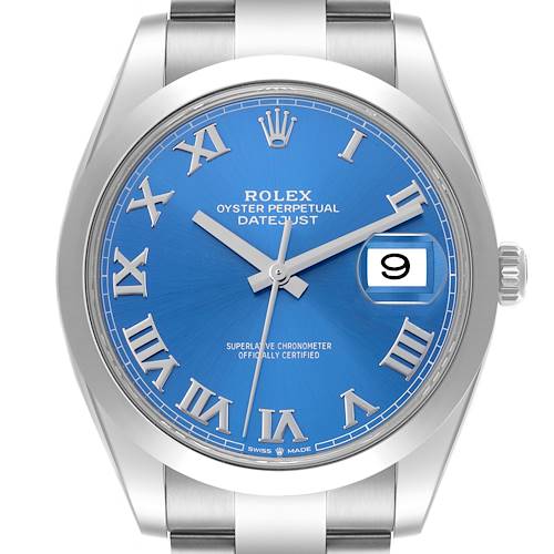 The image shows a front view of the Rolex Datejust 41 126300 Men's Stainless Steel Blue Dial 126300 Men's Stainless Steel Blue Dial watch, highlighting the blue dial, Roman numerals, and date window.