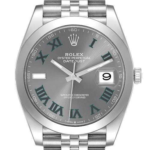 The Rolex Datejust 126300 Men's Stainless Steel Grey Dial 126300 Men's Stainless Steel Grey Dial 41 is shown from a top-down angle highlighting the face, dial, and part of the bracelet.