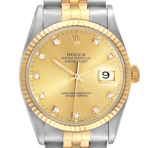 The Rolex Datejust 16233 Men's Steel and Gold (two tone) Champagne Dial 16233 Men's Steel and Gold (two tone) Champagne Dial watch is shown from the front, displaying the dial, bezel, crown, and part of the bracelet.