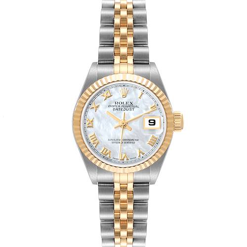The Rolex Datejust 79173 Women's Steel and Gold (two tone) Mother of Pearl Dial 79173 Women's Steel and Gold (two tone) Mother of Pearl Dial watch is shown from a top-down angle, displaying the dial, bezel, bracelet, and crown.