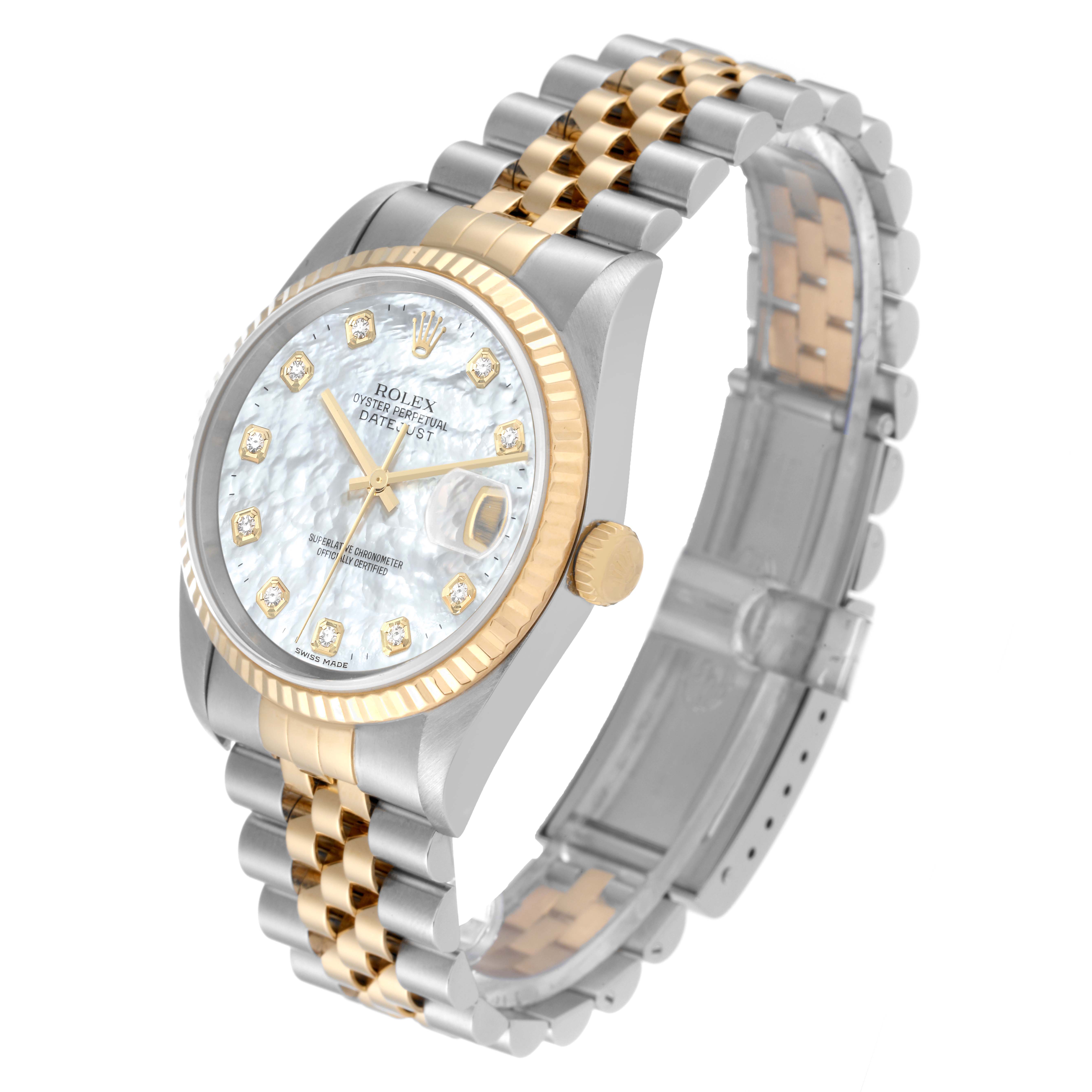 The Rolex Datejust 16233 Men's Steel and Gold (two tone) Mother of Pearl Dial 16233 Men's Steel and Gold (two tone) Mother of Pearl Dial watch is shown from a front angled view, displaying the face, fluted bezel, and two-tone bracelet.