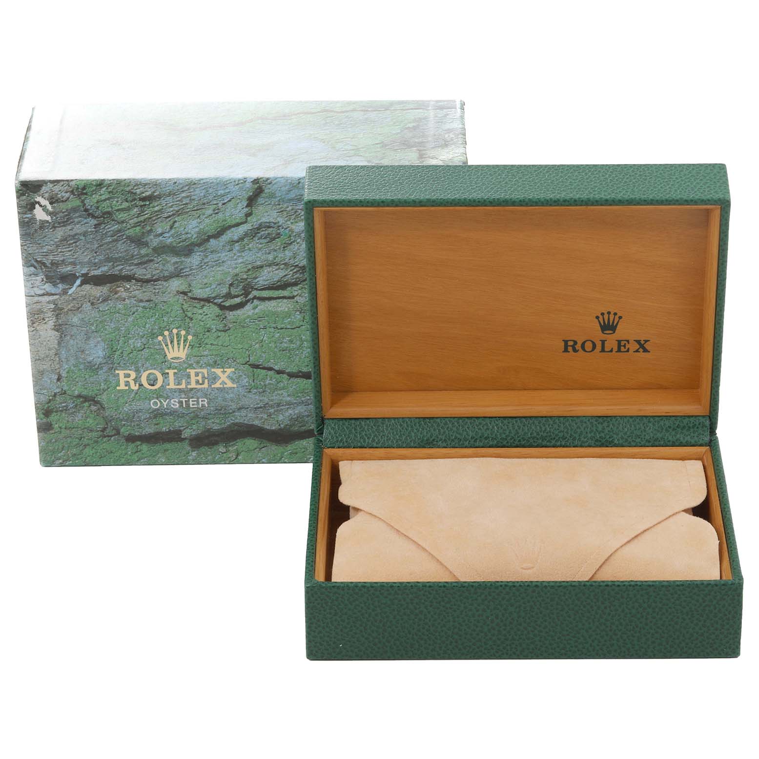 The image shows a green Rolex Datejust 16233 Men's Steel and Gold (two tone) Mother of Pearl Dial 16233 Men's Steel and Gold (two tone) Mother of Pearl Dial watch box, partially open, revealing a beige pouch inside.
