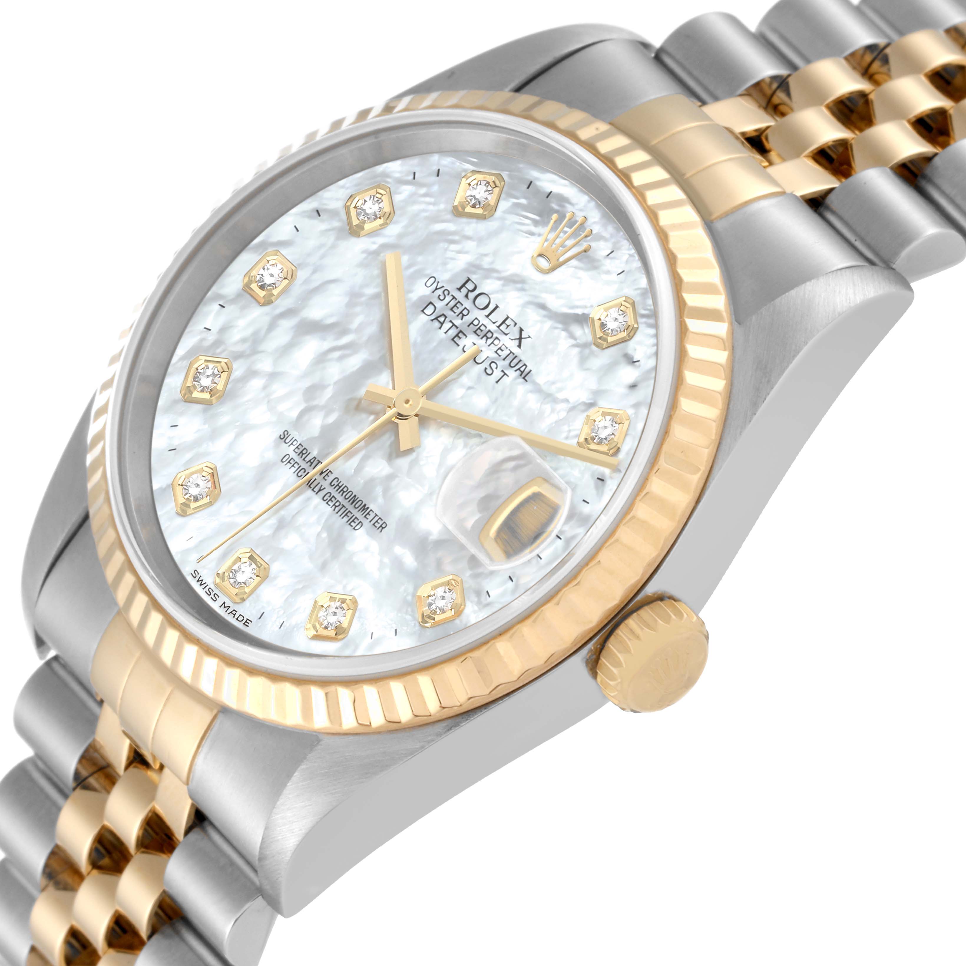 This image shows a Rolex Datejust 16233 Men's Steel and Gold (two tone) Mother of Pearl Dial 16233 Men's Steel and Gold (two tone) Mother of Pearl Dial watch at an angled view, featuring its dial, case, bezel, and bracelet.