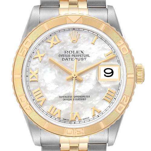 The image shows a front view of the Rolex Turn-o-Graph 16263 Men's Steel and Gold (two tone) Mother of Pearl Dial 16263 Men's Steel and Gold (two tone) Mother of Pearl Dial watch, highlighting its face, bezel, and part of the bracelet.