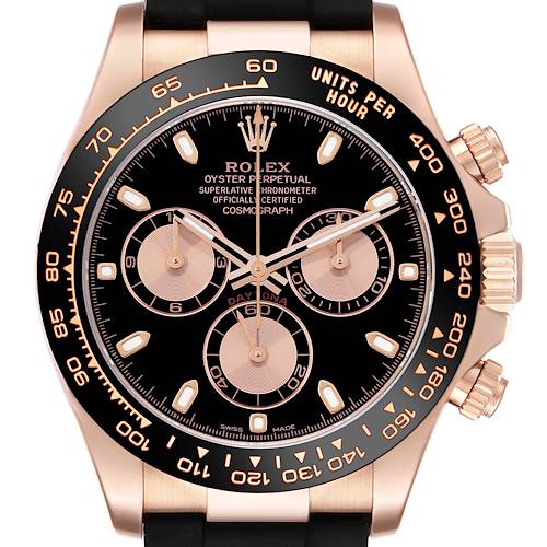 The Rolex Daytona 116515 Men's Rose Gold Black Dial 116515 Men's Rose Gold Black Dial watch is shown from the front, highlighting the dial, sub-dials, bezel, and pushers.