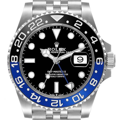 The Rolex GMT-Master 126710 Men's Stainless Steel Black Dial 126710 Men's Stainless Steel Black Dial watch is shown from the front, displaying the dial, bezel, crown, and part of the bracelet.