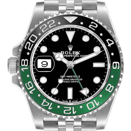 The image shows a frontal view of the Rolex GMT-Master 126720VTNR Men's Stainless Steel Black Dial 126720VTNR Men's Stainless Steel Black Dial II, highlighting the bezel, dial, and bracelet.