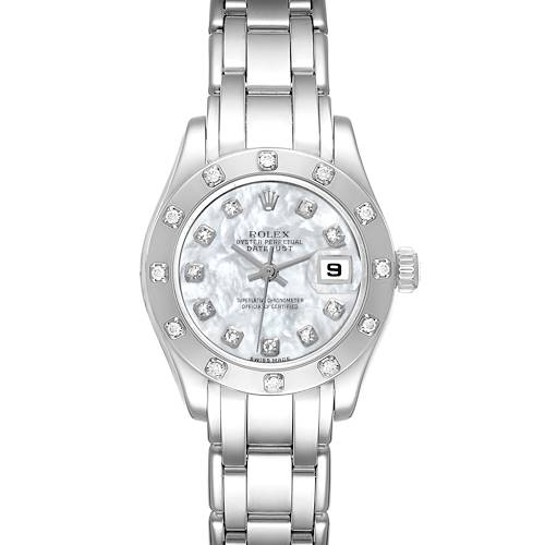 The Rolex Pearlmaster 80319 Women's White Gold Mother of Pearl Dial 80319 Women's White Gold Mother of Pearl Dial watch is shown from the front, highlighting its dial, bezel, and metal bracelet.