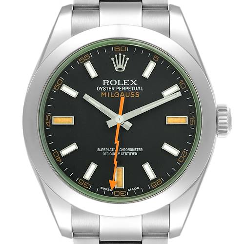 The Rolex Milgauss 116400 Men's Stainless Steel Black Dial 116400 Men's Stainless Steel Black Dial watch is shown from a front angle, highlighting the face, bezel, and part of the bracelet.