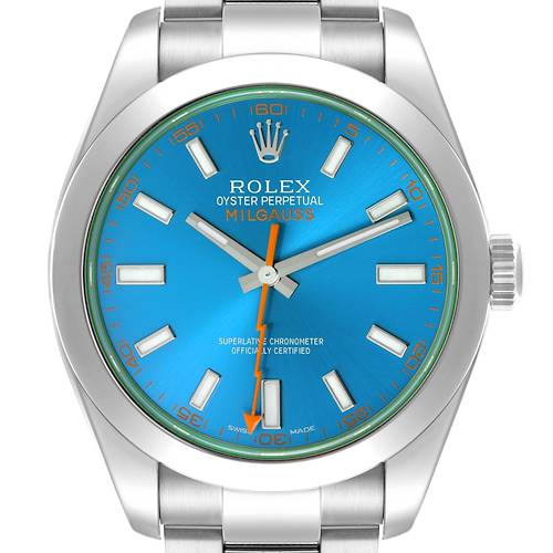 The Rolex Milgauss 116400GV Men's Stainless Steel Blue Dial 116400GV Men's Stainless Steel Blue Dial is shown from a front angle, highlighting the dial, hands, markers, and stainless steel bracelet.
