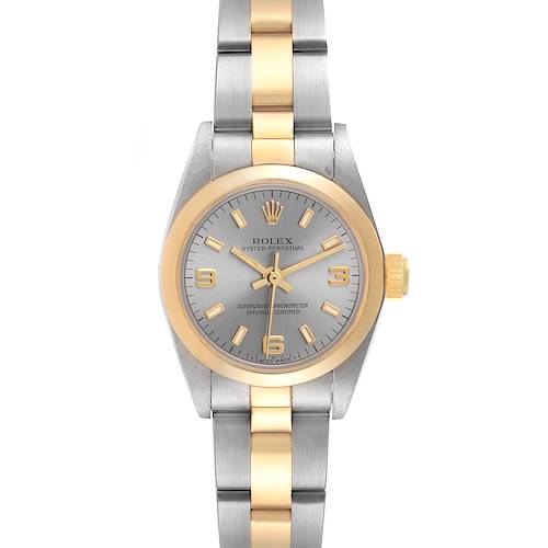 The Rolex Oyster Perpetual 67183 Women's Steel and Gold (two tone) Grey Dial 67183 Women's Steel and Gold (two tone) Grey Dial watch is shown from a front angle, displaying the dial, case, bezel, and bracelet.