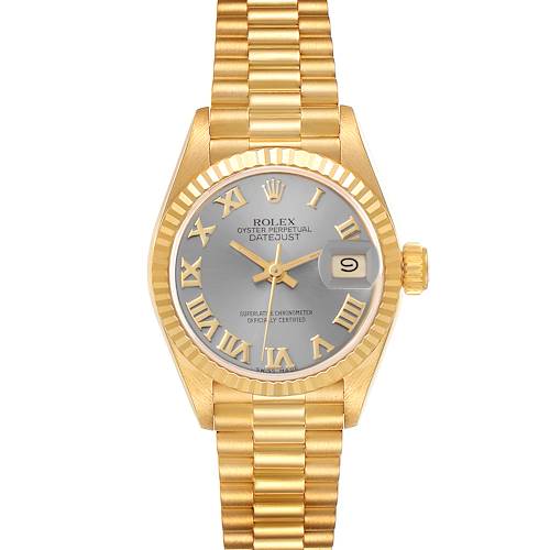 The image shows a Rolex President 69178 Women's Yellow Gold Grey Dial 69178 Women's Yellow Gold Grey Dial model watch from a front angle, highlighting its gold bracelet, dial, and date window.