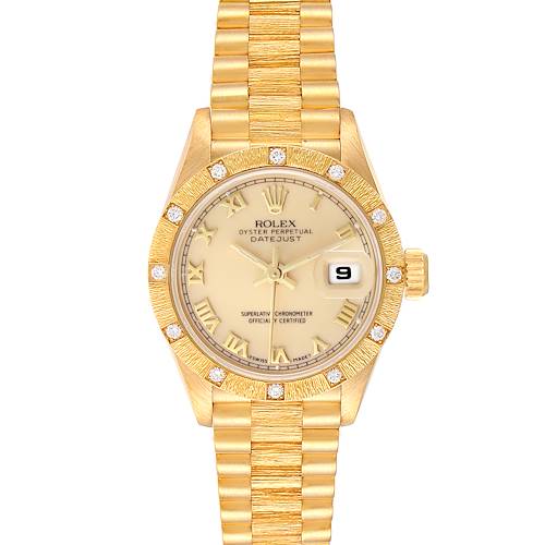 This image shows a frontal view of a Rolex President 69288 Women's Yellow Gold Beige Dial 69288 Women's Yellow Gold Beige Dial model watch, highlighting its face, bezel, and bracelet.