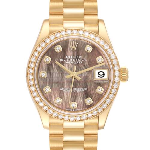 The image shows a front view of the Rolex President 278288 Women's Yellow Gold Mother of Pearl Dial 278288 Women's Yellow Gold Mother of Pearl Dial model watch, highlighting its face, bracelet, and diamond-encrusted bezel.
