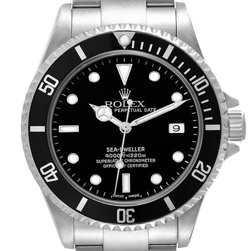 This image shows a front view of the Rolex Sea-Dweller 16600 Men's Stainless Steel Black Dial 16600 Men's Stainless Steel Black Dial watch, featuring its dial, bezel, and a segment of the bracelet.