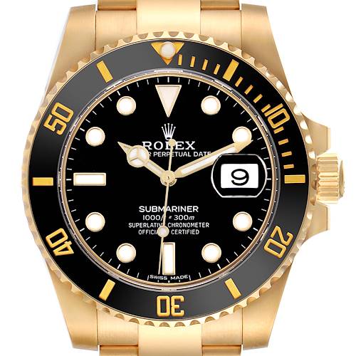 The Rolex Submariner 116618 Men's Yellow Gold Black Dial 116618 Men's Yellow Gold Black Dial watch is shown from a top-down angle, featuring its bezel, dial, hands, and date window.