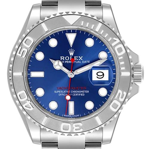The image shows a front view of the Rolex Yacht-Master 116622 Men's Stainless Steel Blue Dial 116622 Men's Stainless Steel Blue Dial watch, highlighting its blue dial and silver bezel.