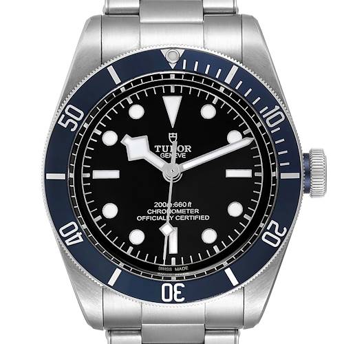 The image shows a front view of the Tudor Heritage Black Bay 79230B Men's Stainless Steel Black Dial 79230B Men's Stainless Steel Black Dial watch, clearly displaying its dial, bezel, hands, and bracelet.