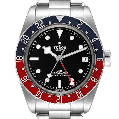 The image shows a close-up of the Tudor Heritage Black Bay 79830RB Men's Stainless Steel Black Dial 79830RB Men's Stainless Steel Black Dial GMT watch, highlighting its dial, bezel, and part of the bracelet.