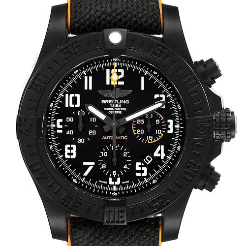 The image shows a front view of the Breitling Avenger XB0180E4/BF31 Men's Ceramic Black Dial XB0180E4/BF31 Men's Ceramic Black Dial watch, highlighting its black dial, bezel, and chronograph pushers.