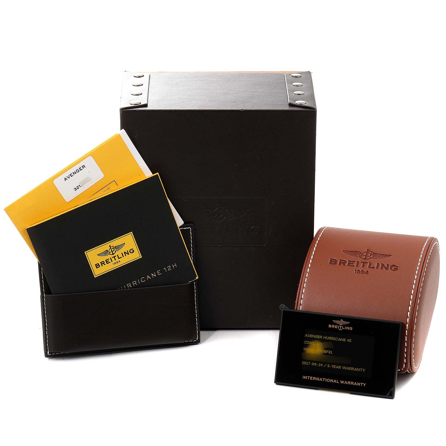 The image shows the packaging and accessories for a Breitling Avenger XB0180E4/BF31 Men's Ceramic Black Dial XB0180E4/BF31 Men's Ceramic Black Dial watch, including documentation and a leather case.