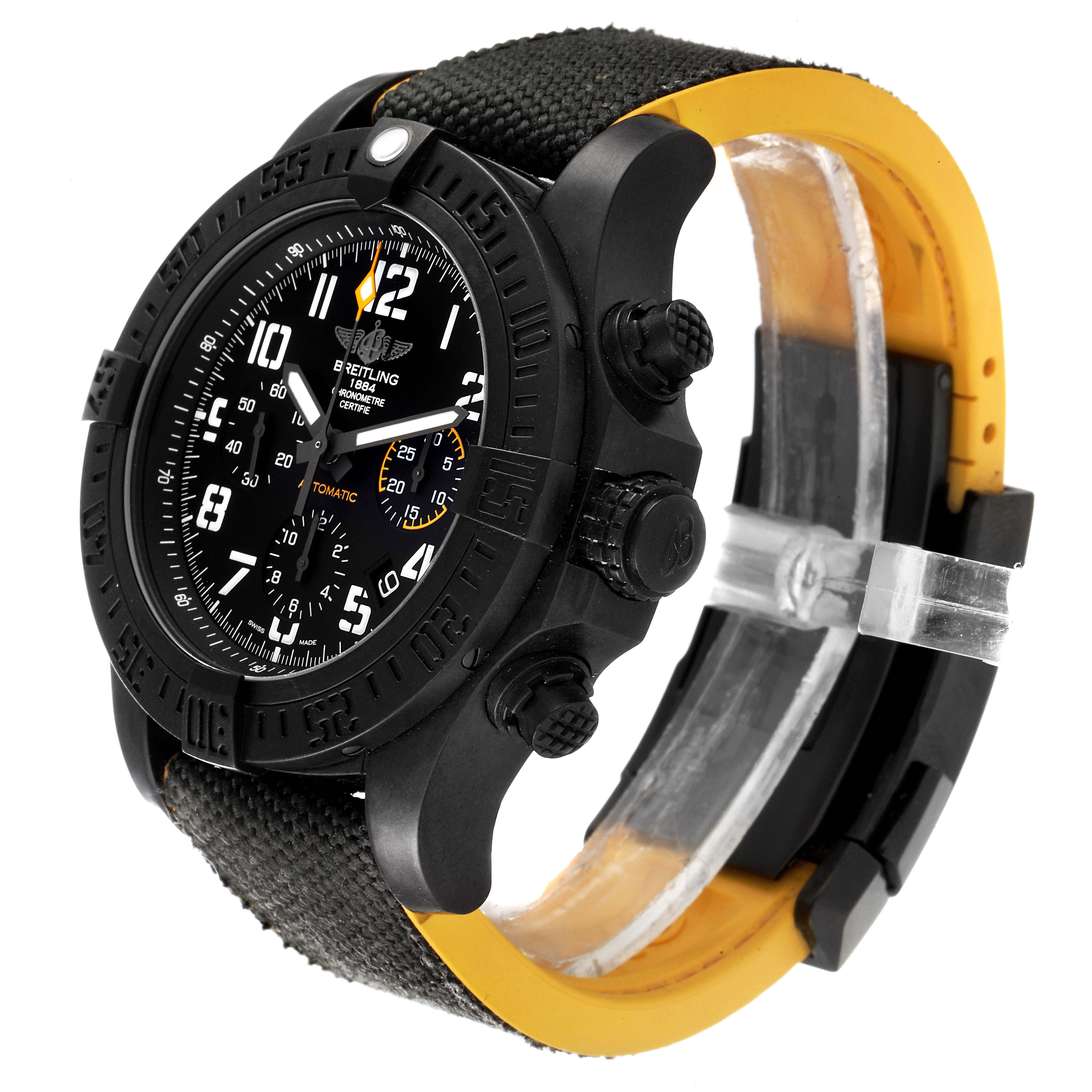 The Breitling Avenger XB0180E4/BF31 Men's Ceramic Black Dial XB0180E4/BF31 Men's Ceramic Black Dial watch is shown at an angle displaying the face, bezel, crown, pushers, and part of the strap.