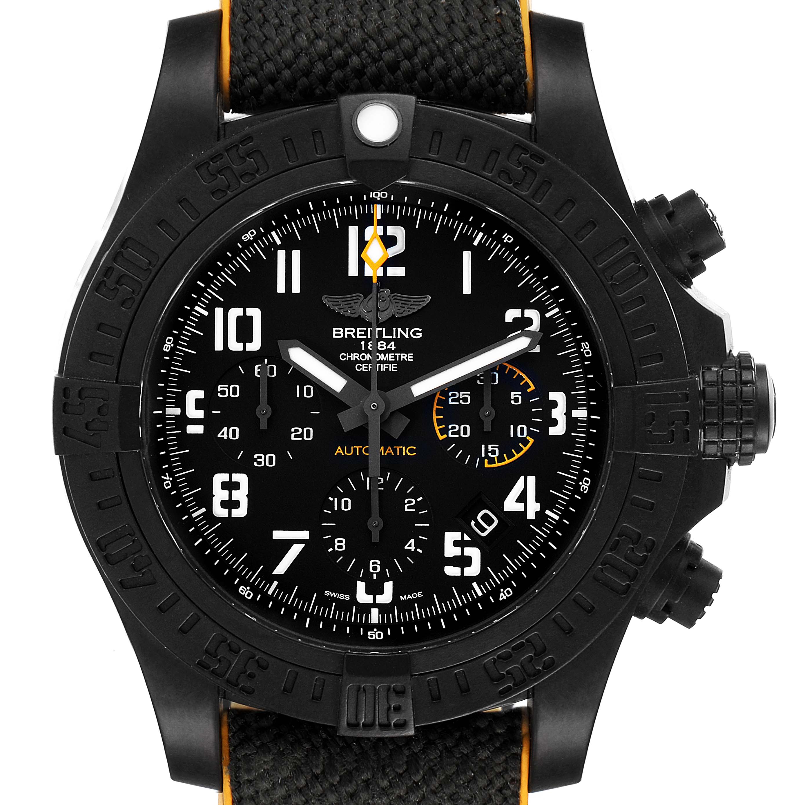 This image shows the black dial, bezel, and strap of the Breitling Avenger XB0180E4/BF31 Men's Ceramic Black Dial XB0180E4/BF31 Men's Ceramic Black Dial watch at a front-facing angle.