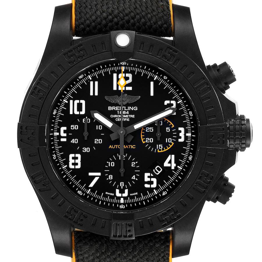 This image shows the black dial, bezel, and strap of the Breitling Avenger XB0180E4/BF31 Men's Ceramic Black Dial XB0180E4/BF31 Men's Ceramic Black Dial watch at a front-facing angle.