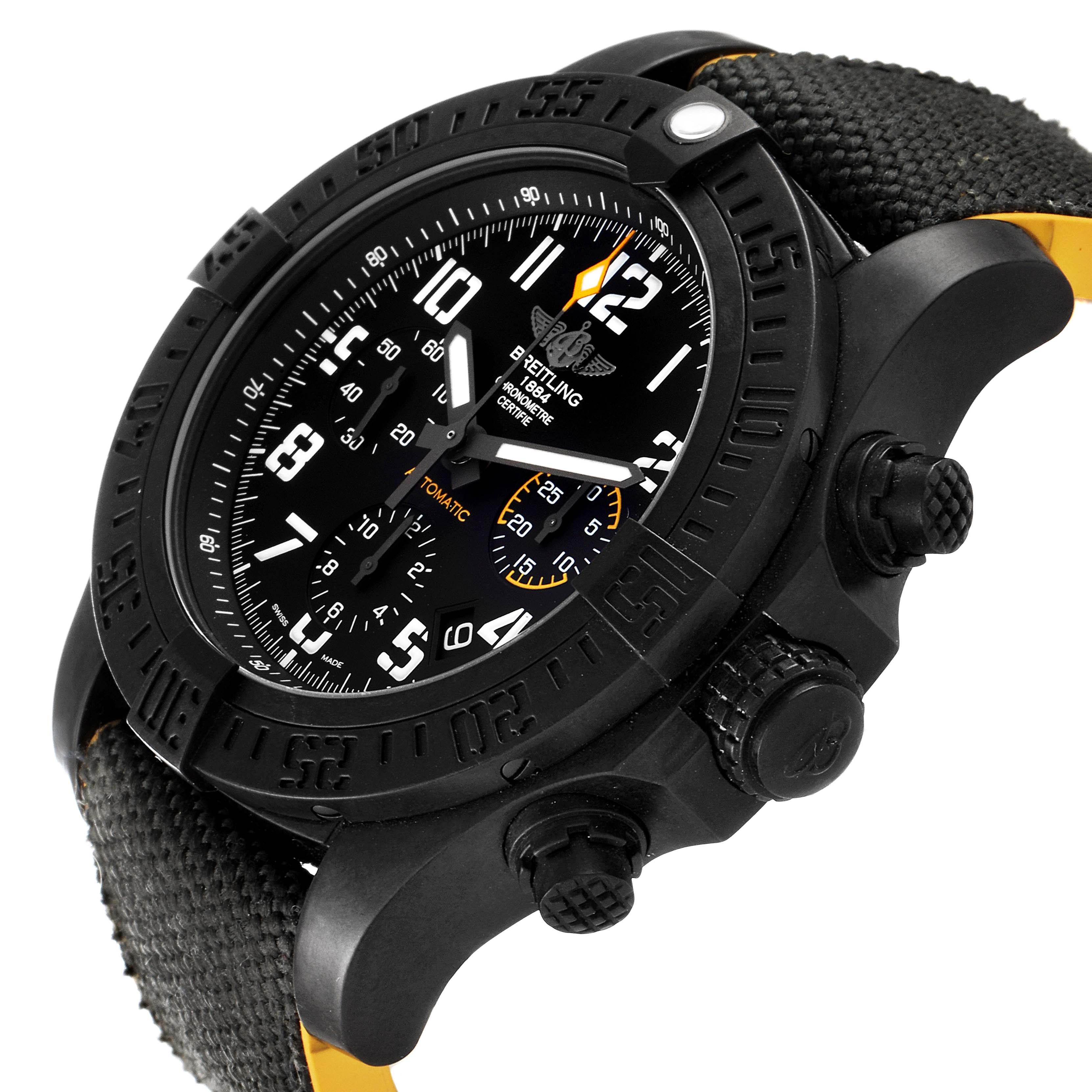 The image shows a side angle of the Breitling Avenger XB0180E4/BF31 Men's Ceramic Black Dial XB0180E4/BF31 Men's Ceramic Black Dial watch, highlighting the black dial, bezel, chronograph pushers, and textured strap.