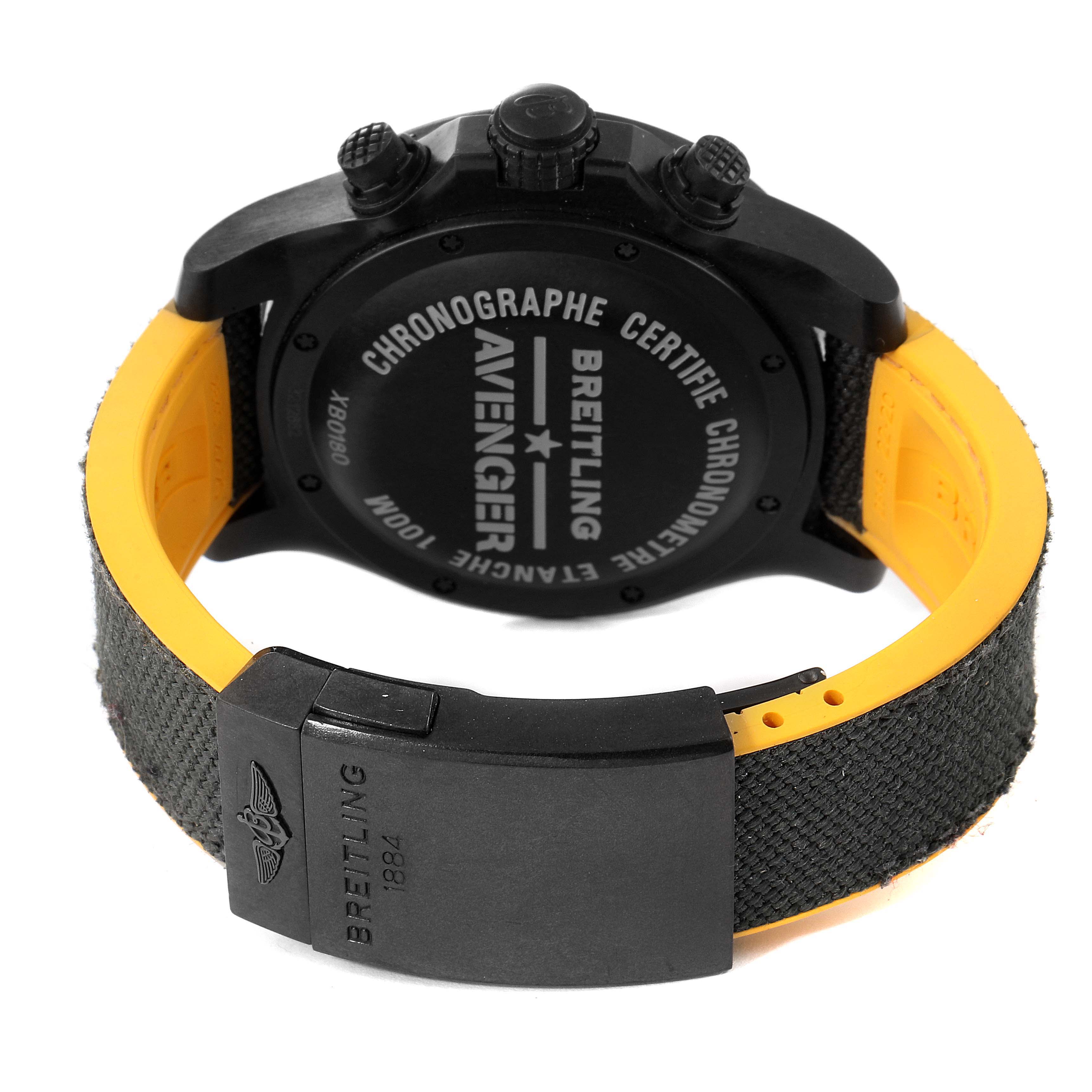 The image shows the back case and clasp of the Breitling Avenger XB0180E4/BF31 Men's Ceramic Black Dial XB0180E4/BF31 Men's Ceramic Black Dial watch with visible branding and text.