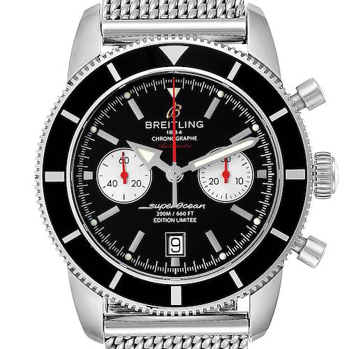 This image shows a close-up, frontal view of a Breitling Superocean A23320 Men's Stainless Steel Black Dial A23320 Men's Stainless Steel Black Dial watch, highlighting its dial, bezel, and part of the bracelet.