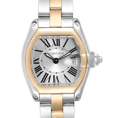 This image shows the front angle of the Cartier Roadster W62026Y4 Women's Steel and Gold (two tone) Silver Dial W62026Y4 Women's Steel and Gold (two tone) Silver Dial watch, highlighting its dial, case, and bracelet.