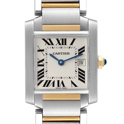 The image shows a close-up view of the face and part of the bracelet of a Cartier Tank Française watch.