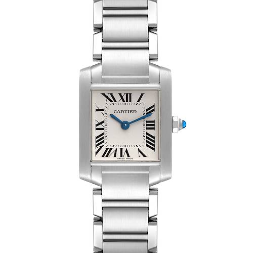 This image shows a Cartier Tank Française watch from a front angle, displaying its face, Roman numerals, and bracelet.