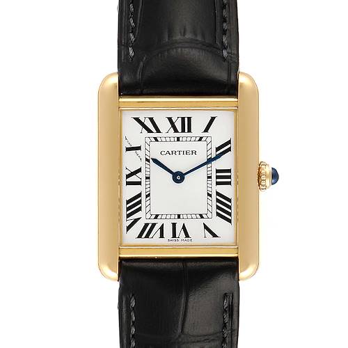The image shows a front view of the Cartier Tank Solo 290730PL Women's Yellow Gold Silver Dial 290730PL Women's Yellow Gold Silver Dial watch, highlighting its rectangular dial, Roman numerals, and black leather strap.