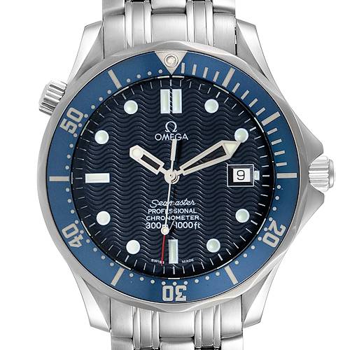 The image shows a front view of the Omega Seamaster 2531.80.00 Men's Stainless Steel Blue Dial 2531.80.00 Men's Stainless Steel Blue Dial watch, featuring its dial, bezel, crown, and part of the bracelet.
