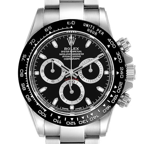 The image shows a front view of a Rolex Daytona 116500 Men's Stainless Steel Black Dial 116500 Men's Stainless Steel Black Dial watch, highlighting its black dial, chronograph subdials, and tachymeter bezel.