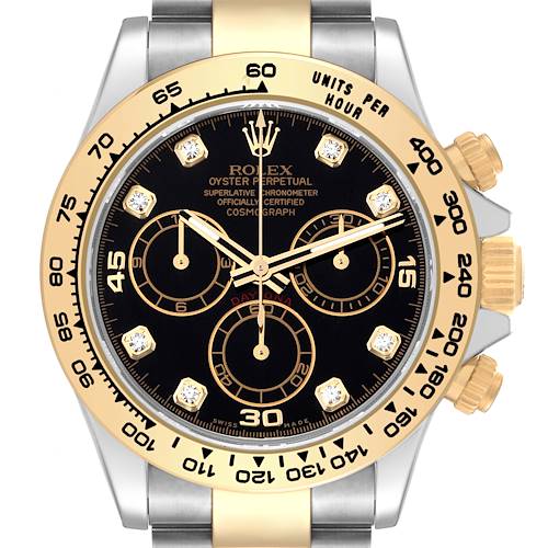 This image shows a straight-on view of a Rolex Daytona 116503 Men's Steel and Gold (two tone) Black Dial 116503 Men's Steel and Gold (two tone) Black Dial watch featuring its bezel, dial, and crown.