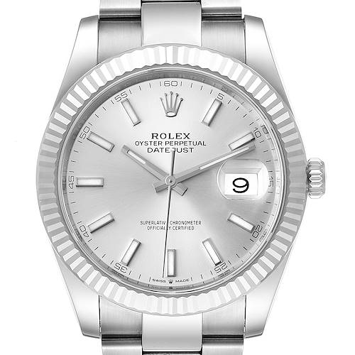 This image shows a Rolex Datejust 41 126334 Men's Stainless Steel Silver Dial 126334 Men's Stainless Steel Silver Dial watch, focusing on the face, bezel, and part of the bracelet, taken from the front angle.
