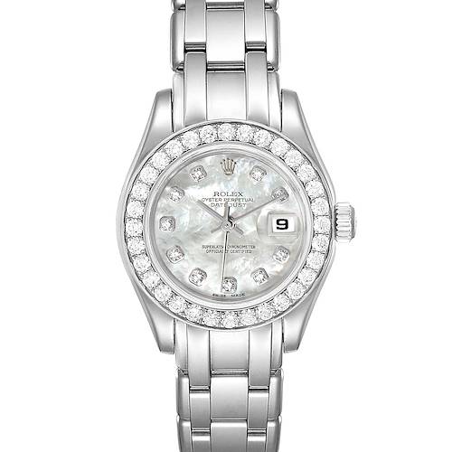 This image shows a front view of a Rolex Pearlmaster 80299 Women's White Gold Mother of Pearl Dial 80299 Women's White Gold Mother of Pearl Dial watch, highlighting its bracelet, bezel, and dial.