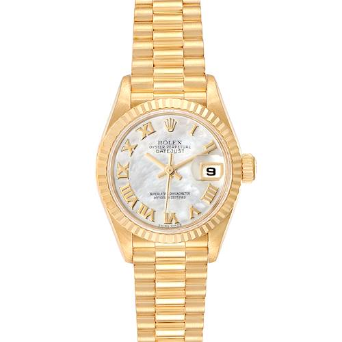 The image shows a Rolex President 79178 Women's Yellow Gold Mother of Pearl Dial 79178 Women's Yellow Gold Mother of Pearl Dial model watch from a front angle, featuring its bracelet, face, date window, and fluted bezel.