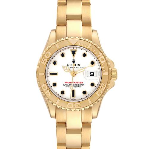 The image shows a front view of the Rolex Yacht-Master 169628 Women's Yellow Gold White Dial 169628 Women's Yellow Gold White Dial watch, displaying its face, bezel, and bracelet.