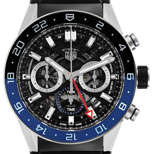 The image shows a front view of the Tag Heuer Carrera CBG2A11.FC6460 Men's Stainless Steel Blue Dial CBG2A11.FC6460 Men's Stainless Steel Blue Dial watch, highlighting its bezel, chronograph dials, and crown.
