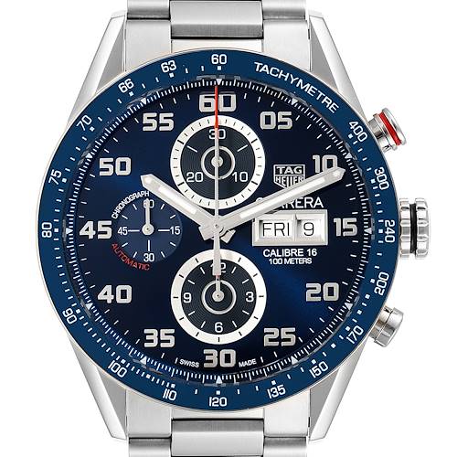 This image shows a front view of the Tag Heuer Carrera CV2A1V.BA0738 Men's Stainless Steel Blue Dial CV2A1V.BA0738 Men's Stainless Steel Blue Dial model watch, highlighting its dials, tachymeter, and chronograph features.