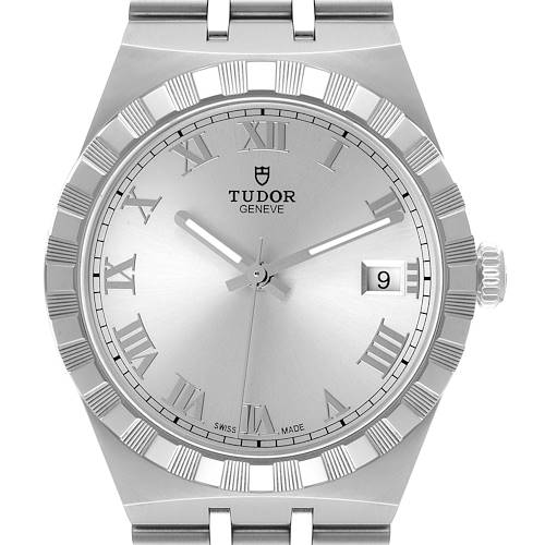 The image shows a front view of a Tudor Royal M28500 Men's Stainless Steel Silver Dial M28500 Men's Stainless Steel Silver Dial watch displaying its silver dial, Roman numerals, bezel, and partial bracelet.